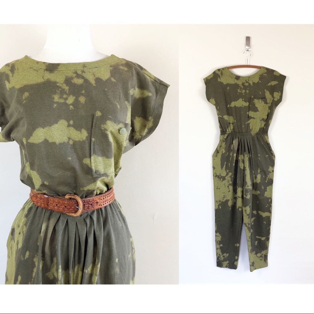 vintage army green tie dye jumpsuit coverall romper 80s 90s grunge boho hippie